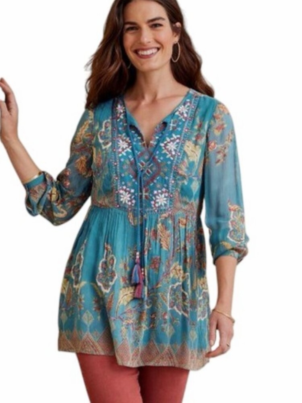 Soft Surroundings NWOT Embroidered Boho Tunic Teal Floral Tassel Rayon L